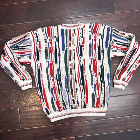 VTG North Wales 3D Textured Coogi Like Crew Neck Sweater L White Colorful Knit - Picture 2 of 12